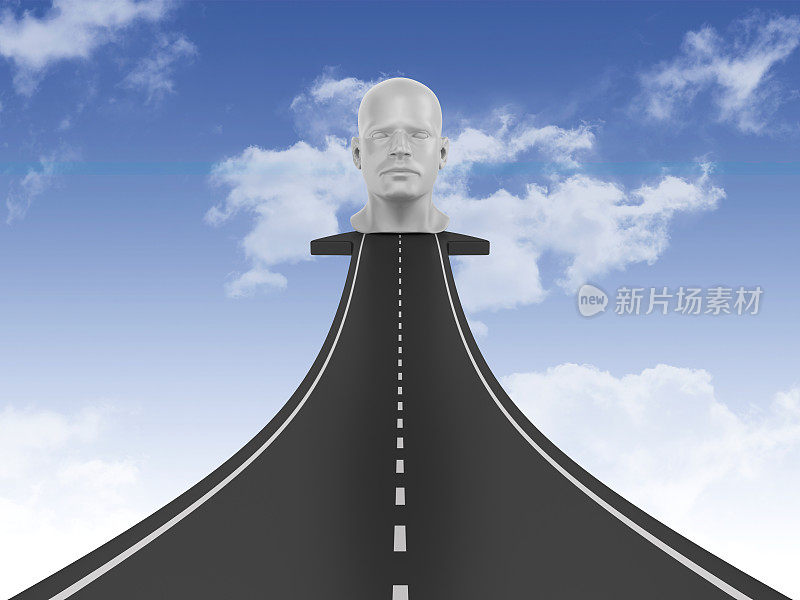 道路箭头与头在天空- 3D渲染